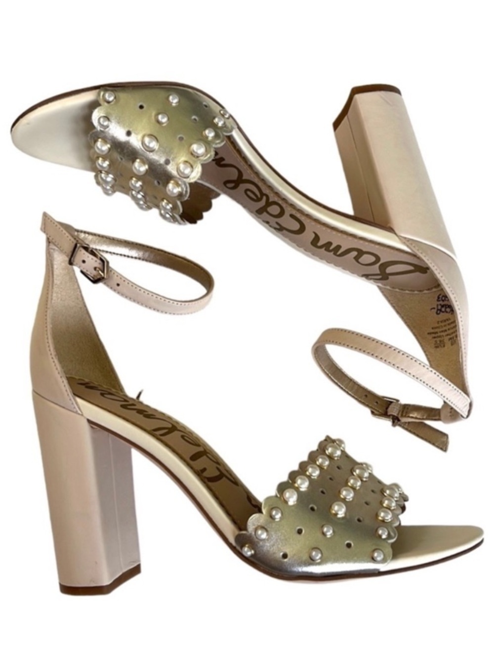 EUC Sam Edelman Leather Yaris Heeled Sandals Gold with Pearls Size 8.5